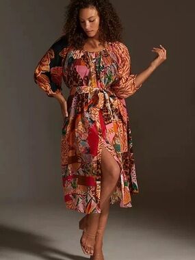 Anthropologie Geisha Designs Collage Midi Dress Belted Animal Floral Size Small